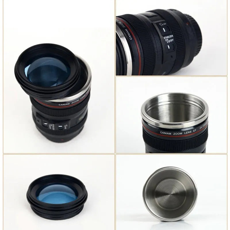Stainless steel camera lens travel mug with 400ml capacity, black colour, and straight cup style