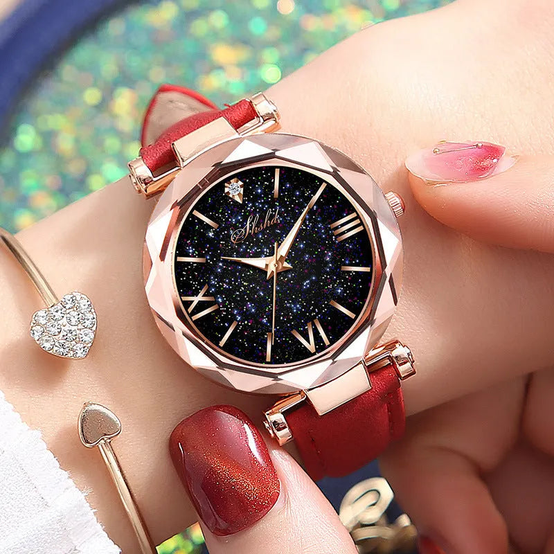 women's frost leather strap quartz wristwatch starry sky dial Roman numerals rhinestones round case