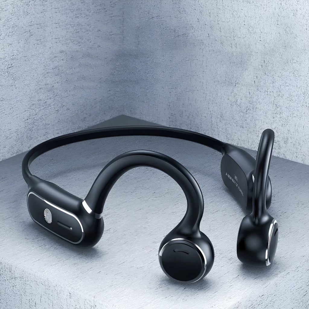 Black air conduction wireless earphones with an over-ear hook design and titanium alloy frame.