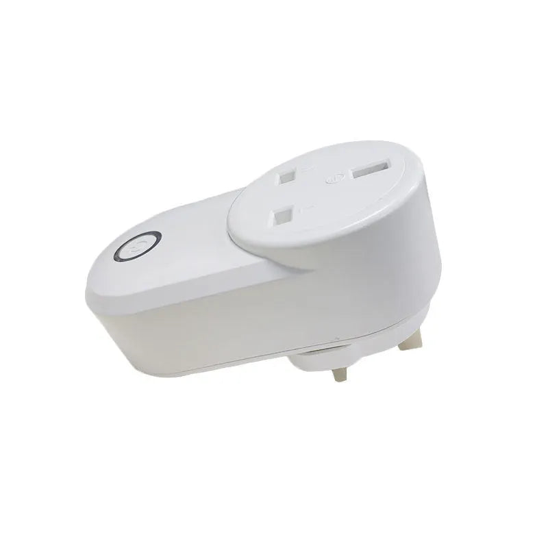 A white smart WiFi socket with either a UK 3-pin or US 2-pin plug, shown with the ewelink app on a smartphone.