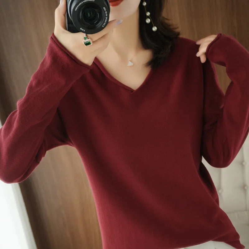 Women's V-neck long sleeve knitwear top in turmeric colour with non-ironing construction