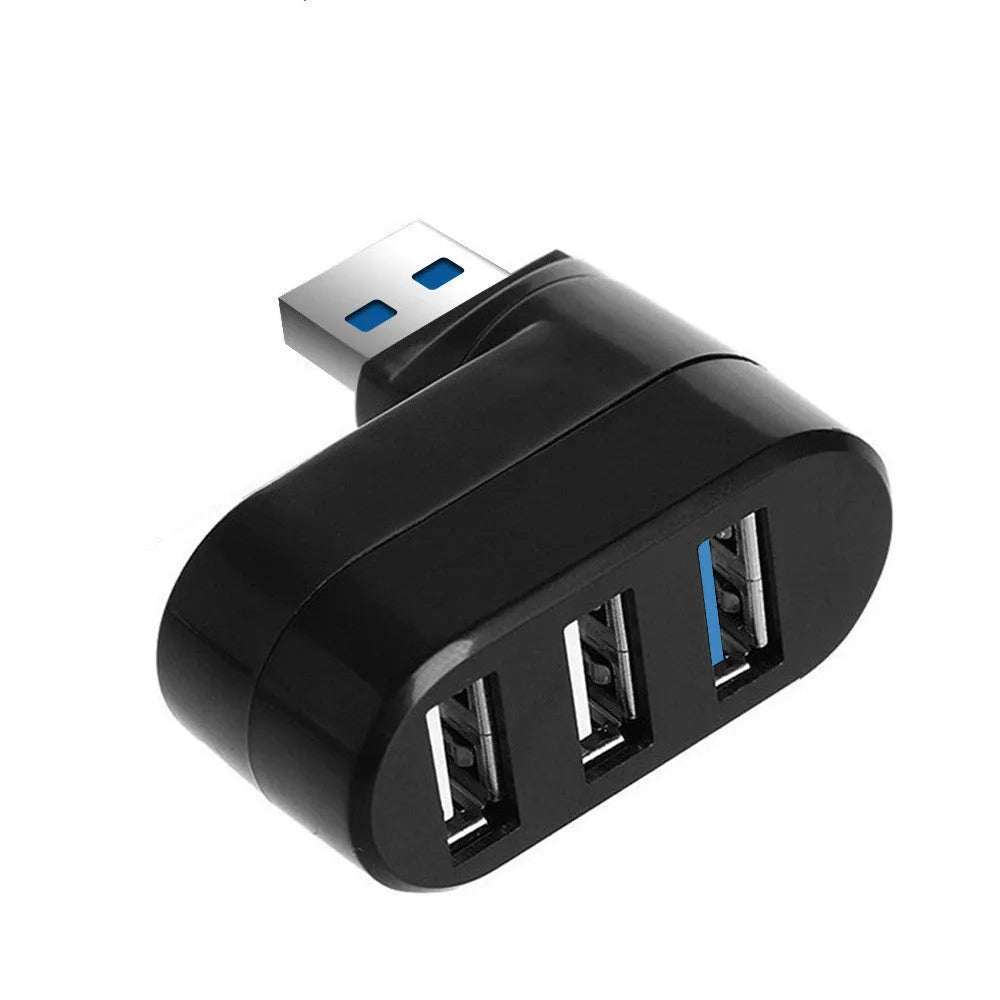 Black USB 3.0 hub with four ports on a white rotating base, showing dimensions of 15.5cm
