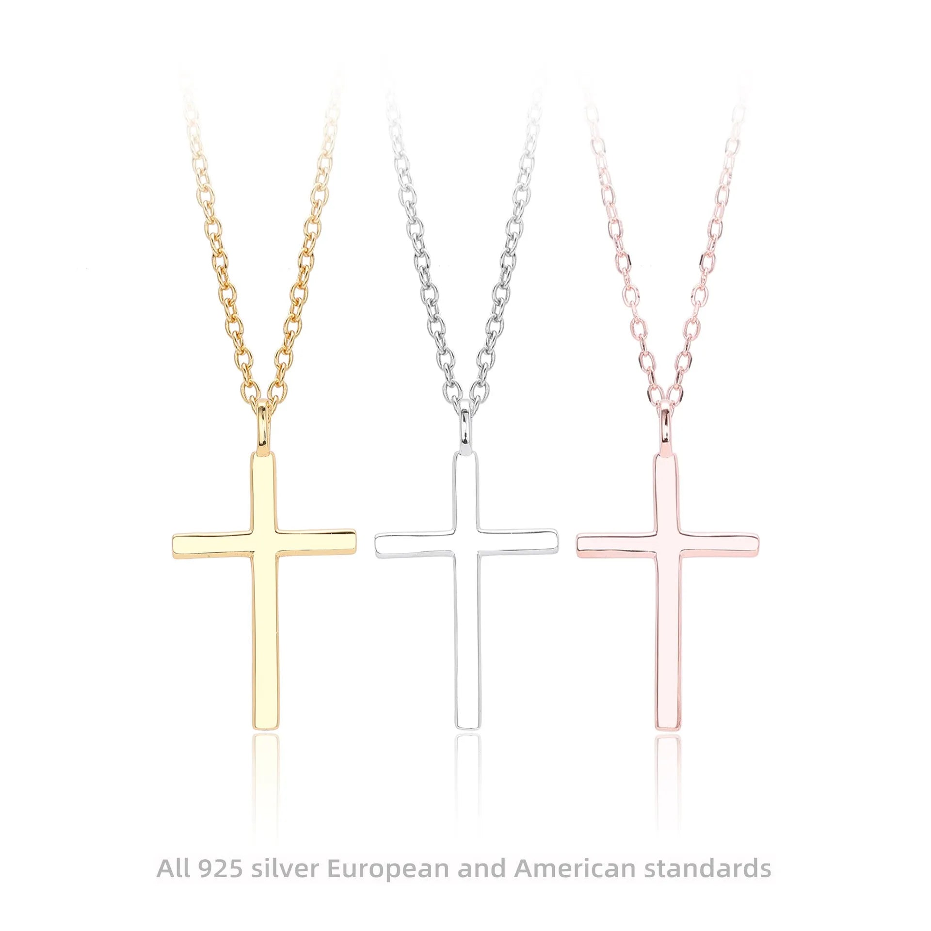 S925 sterling silver cross pendant necklace on an adjustable O-chain, shown in gold plated finish.
