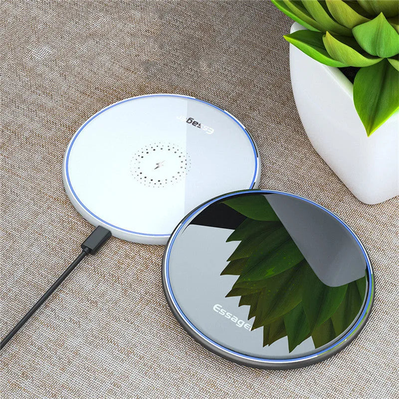 Black wireless charging pad with LED indicator for iPhone Samsung phones