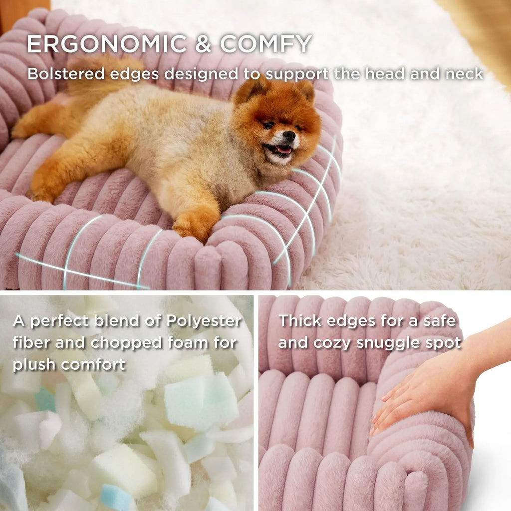 Raised-edge pet dog cat bed cushion in beige, shown in a large size with high sides.