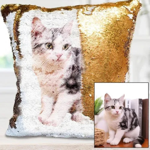 Gold custom photo sequins throw pillowcase 40cm by 40cm handmade personalised gift with reversible sequin design