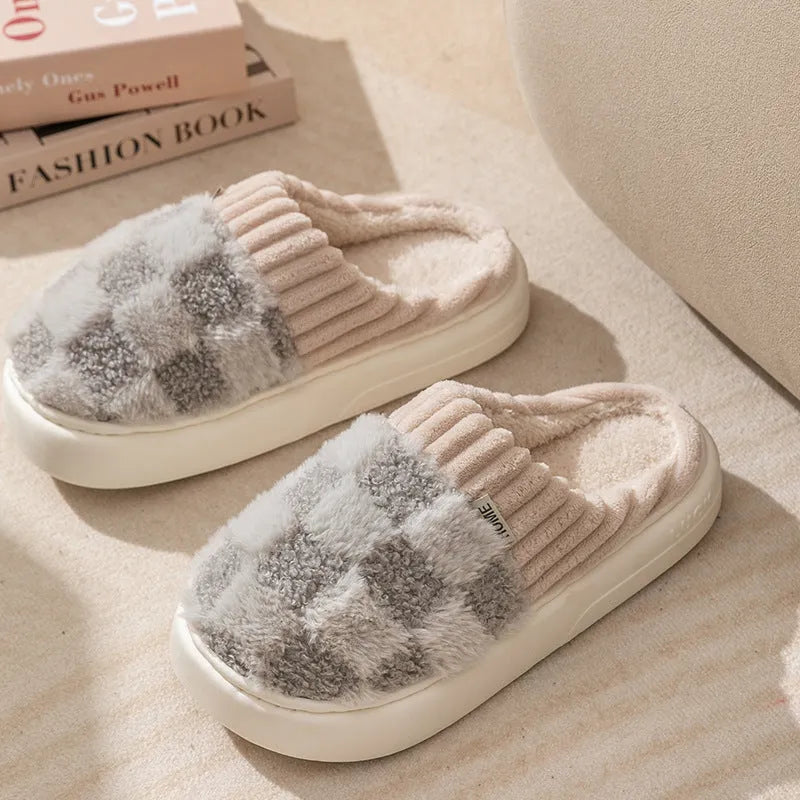Women's plaid pattern plush slippers with coral velvet upper and PVC anti-slip sole