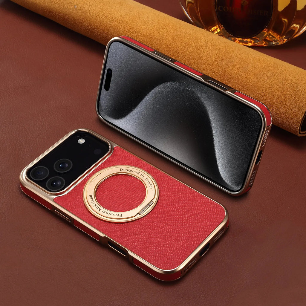 Denior genuine leather electroplating magnetic phone case for iPhone with stand in black