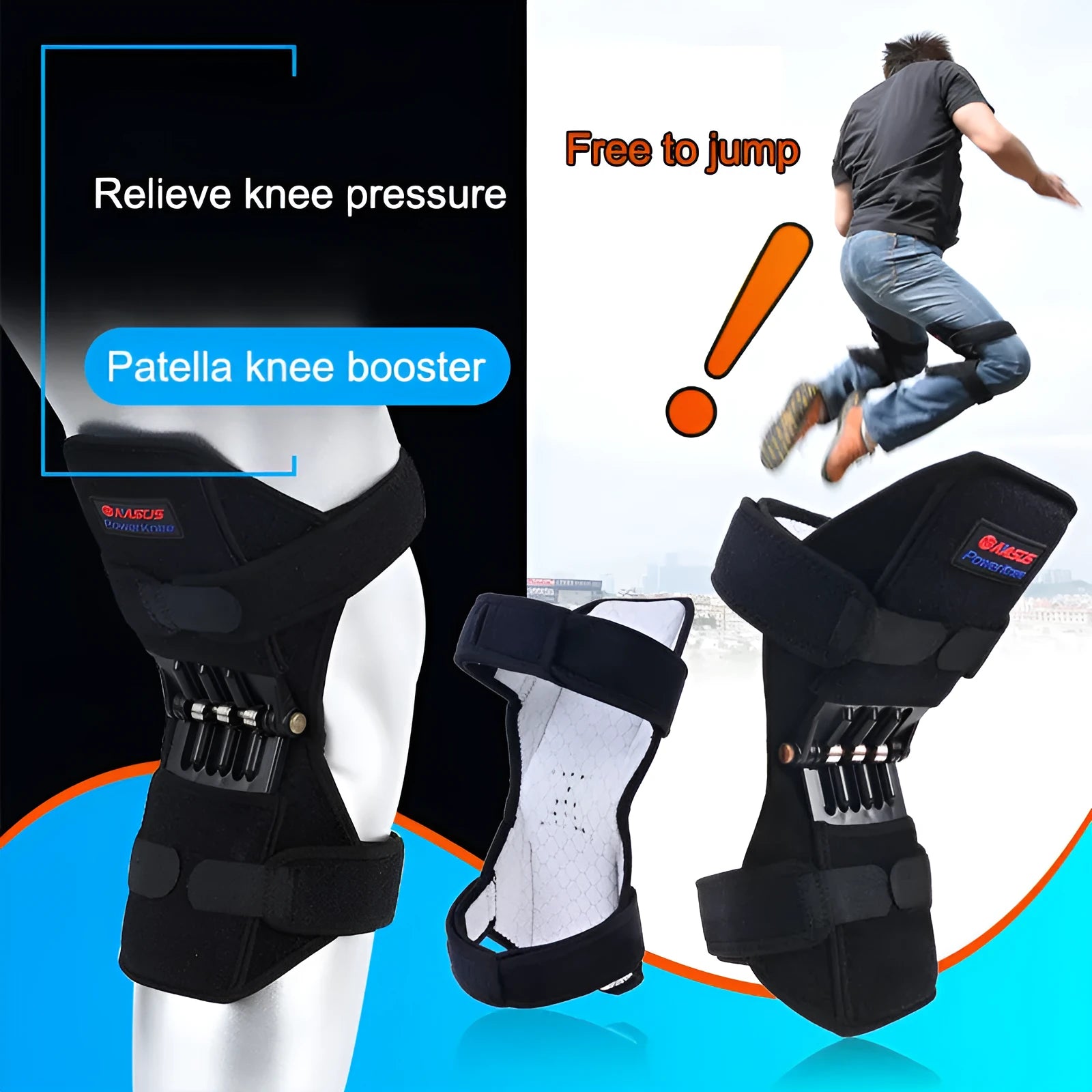 Black spring knee brace support with adjustable straps and visible venting holes, shown on a knee.