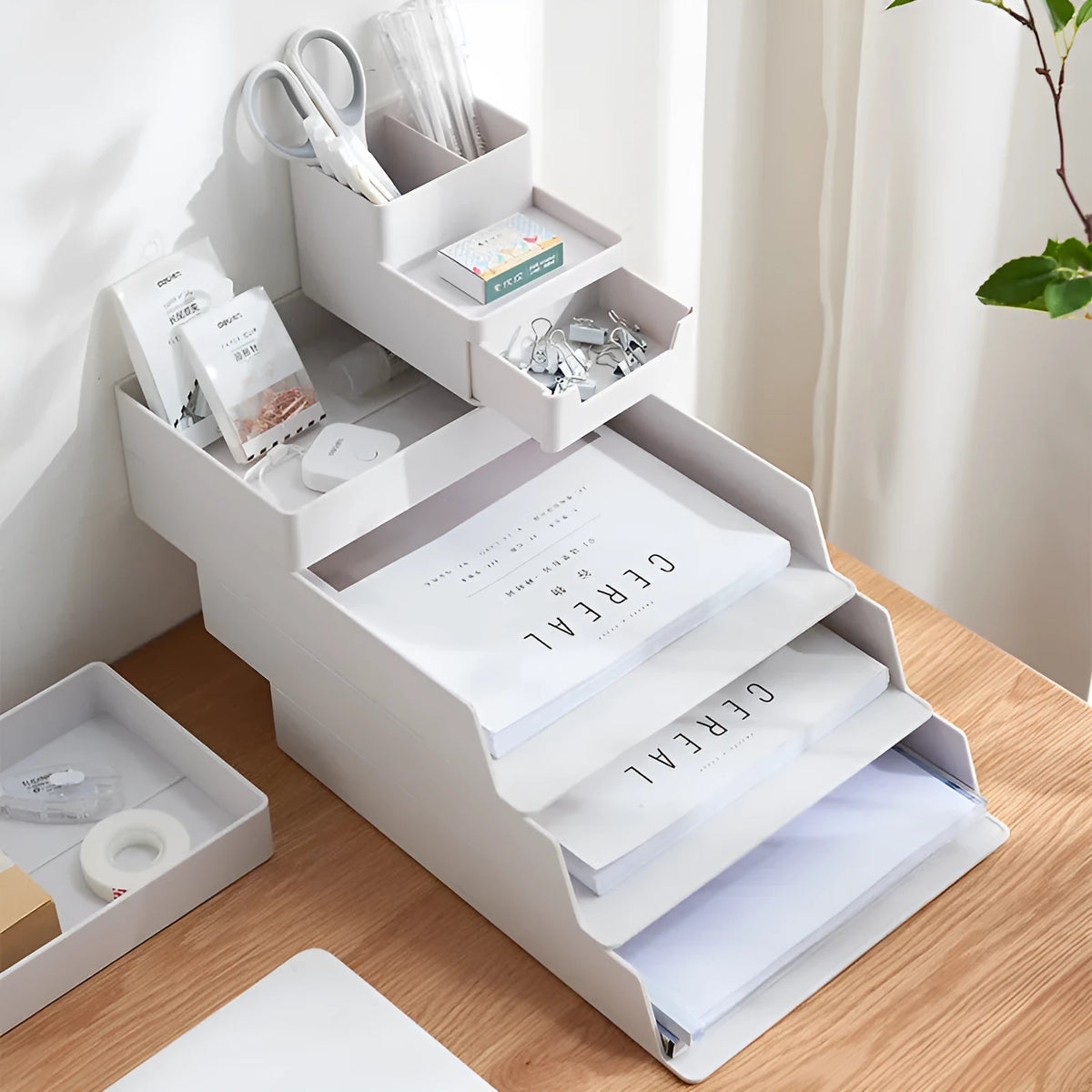 White PP plastic A4 document storage file box holder with three size options on a plain background