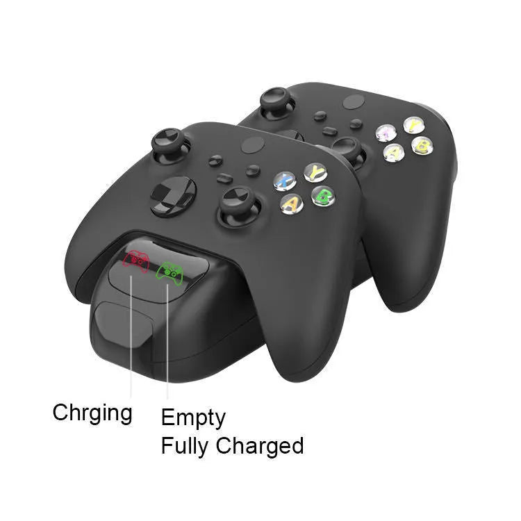 Black wireless dual charging dock for Xbox Series X/S controllers with LED lights.