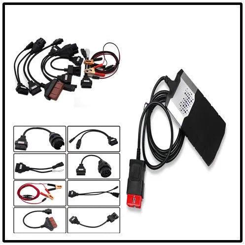 DS150e TCS CDP 2015 R1 diagnostic interface with eight colour-coded connection cables and power cable