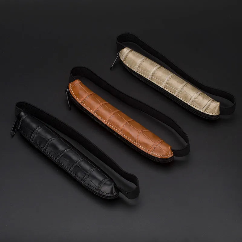Long slim PU leather pencil case in beige grey colour showing dimensions