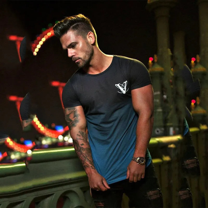 Men's 95% cotton muscle fitness t-shirt in black yellow colour, showing front view for gym workout use