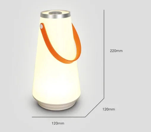 White rechargeable LED bedside lamp with adjustable brightness on wooden table