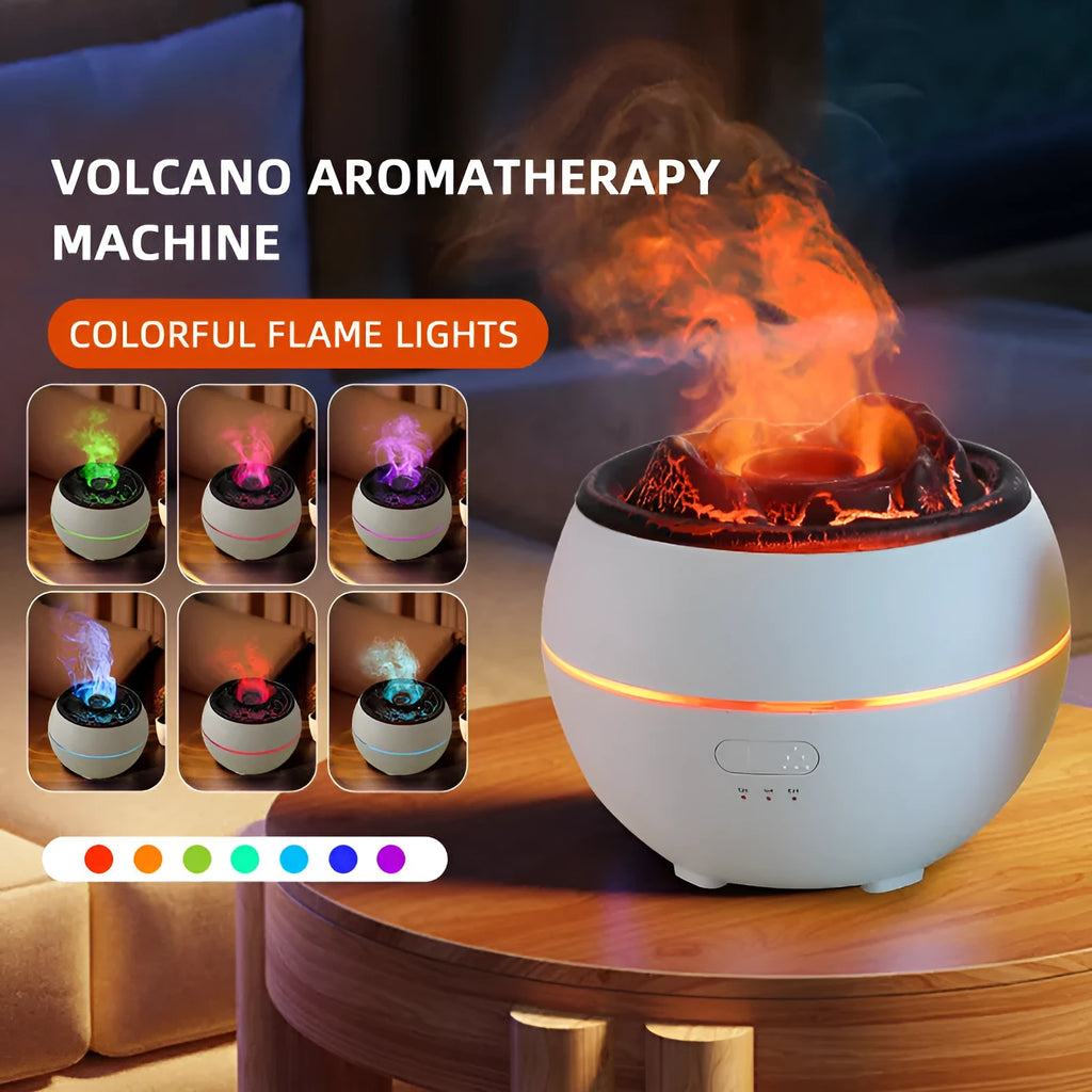 Round white ultrasonic flame aroma diffuser with water tank on desk