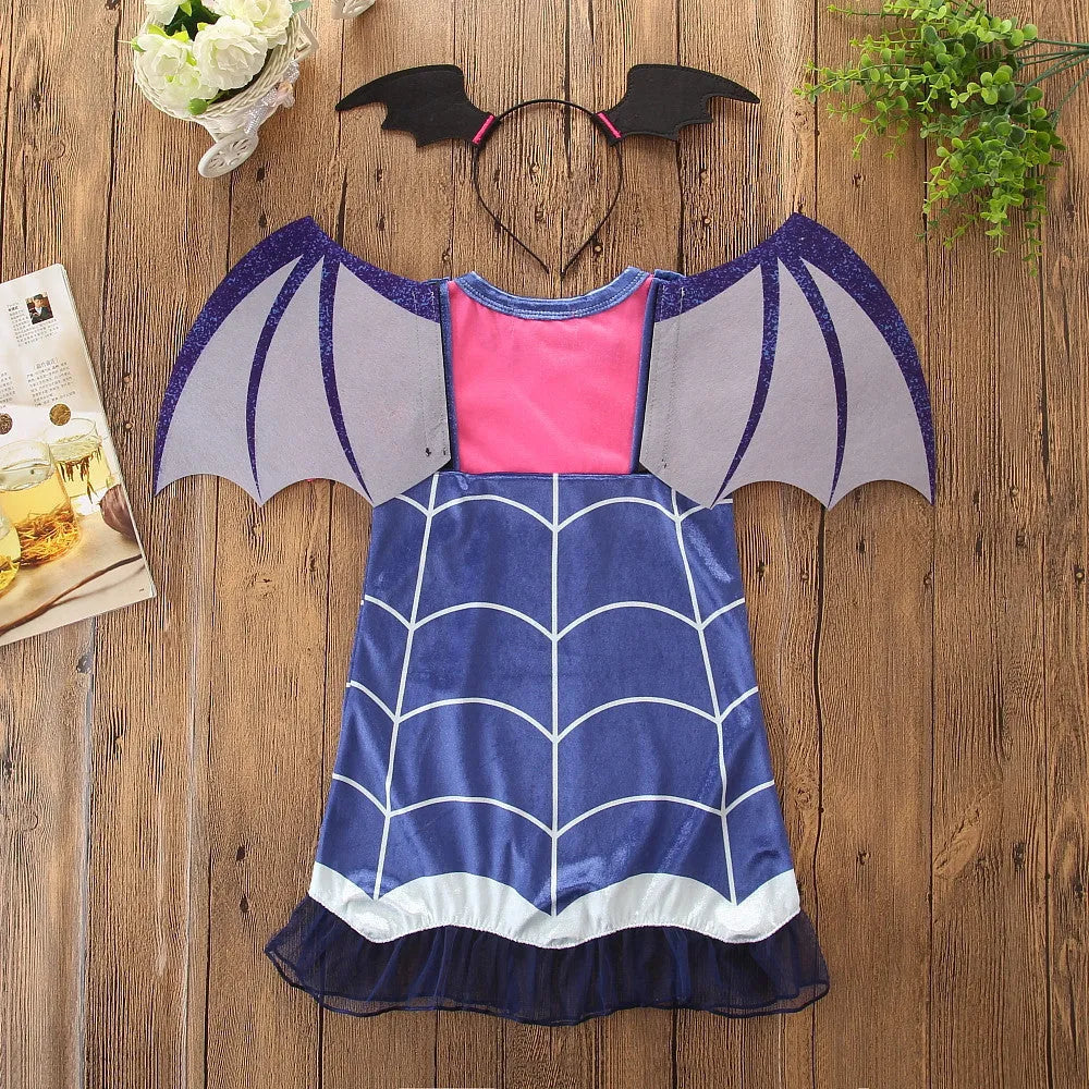 Blue cotton short sleeve princess Halloween dress for a young girl on a hanger.