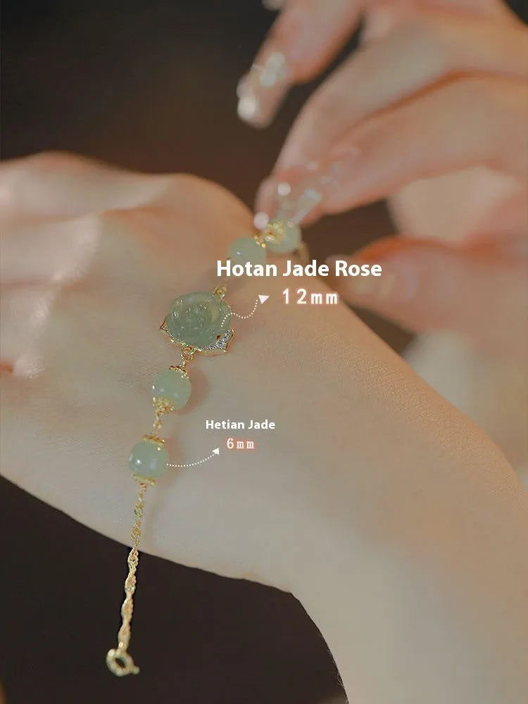 Women's jade bracelet with rose floral design and 14K gold gilding in Hetian Jade Rose colour.