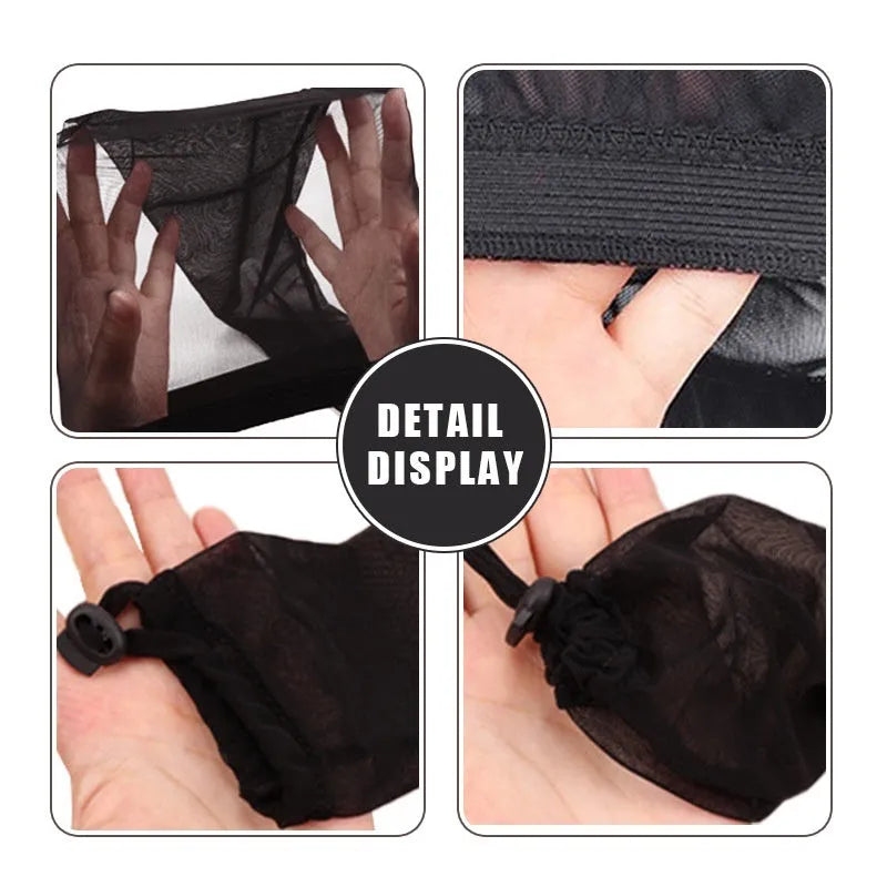 Wig mesh cap in spandex material with adjustable oversleeve construction shown in multiple colour options