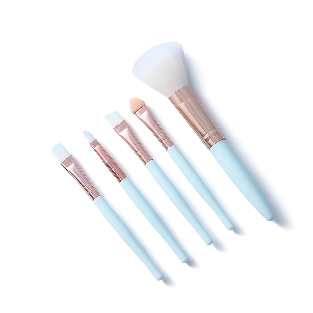 Five mini makeup brushes with short plastic handles, man-made fibre bristles, 8.5cm total length, blue and pink colours