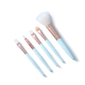 Five mini makeup brushes with short plastic handles, man-made fibre bristles, 8.5cm total length, blue and pink colours