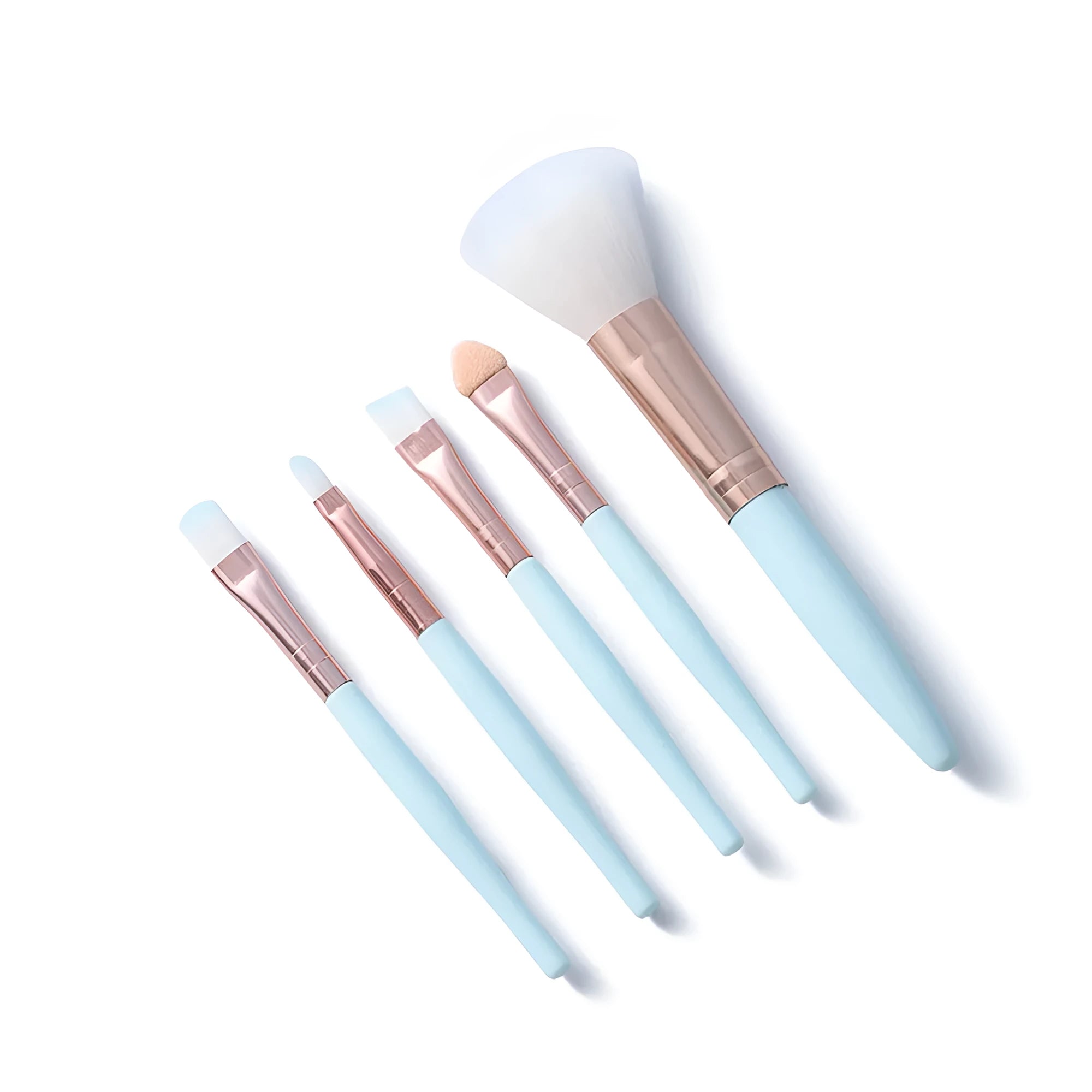Five mini makeup brushes with short plastic handles, man-made fibre bristles, 8.5cm total length, blue and pink colours