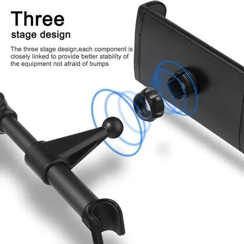 Black universal car phone holder mounted on rear seat base with tablet secured in clamp