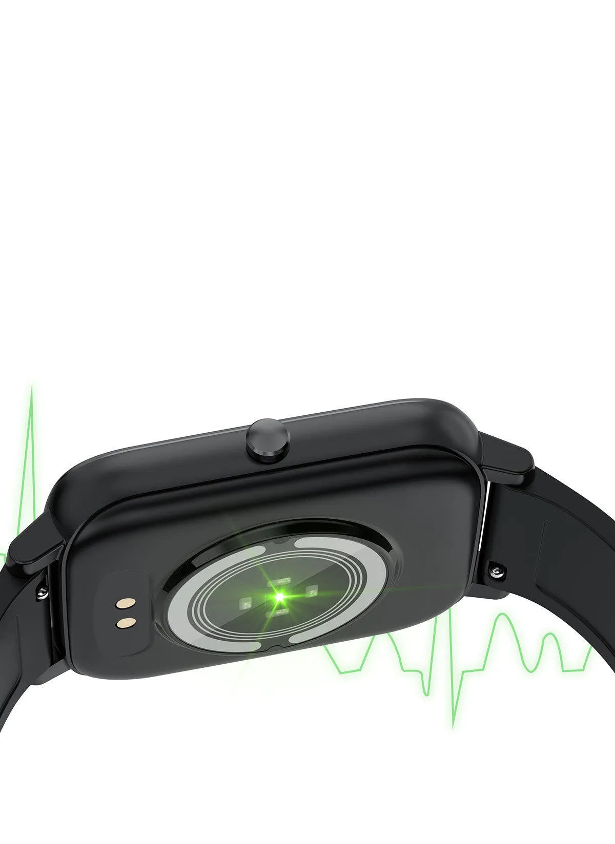 H80 black smartwatch with ECG monitoring on a wrist, showing heart rate data on its 1.69-inch screen.