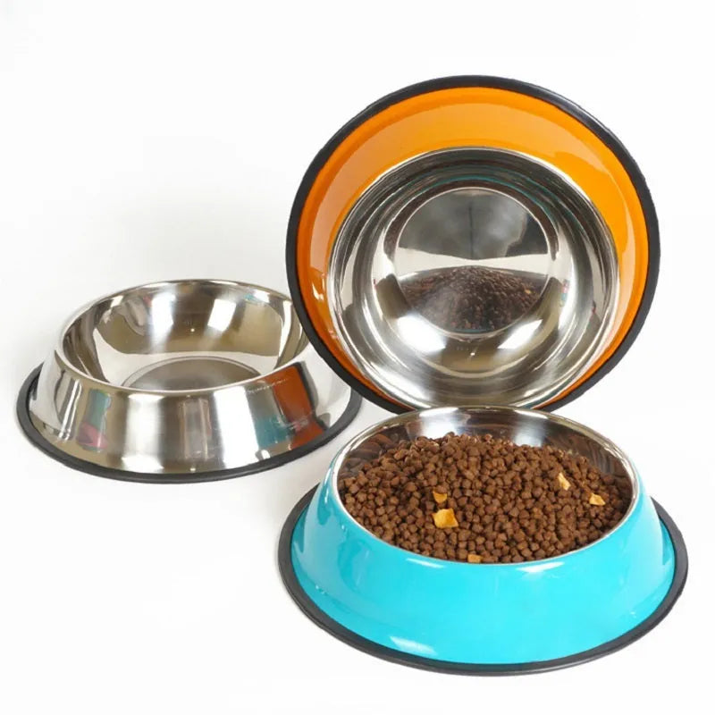 Stainless steel pet bowl with colourful melamine base in six colour options
