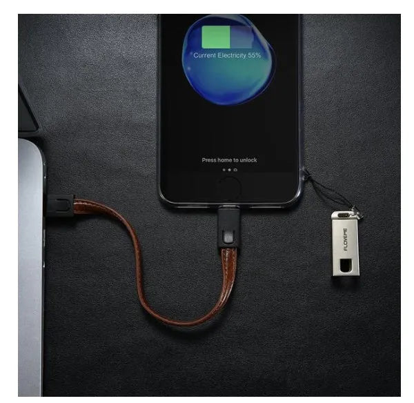 Short 20cm black leather USB to Apple Lightning charging cable with zinc alloy connector.