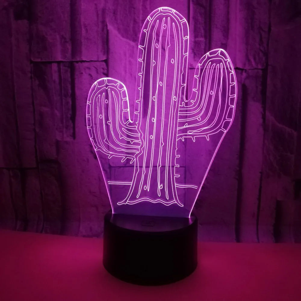 Cactus 3D night light with touch switch, 7 colours, 87x87x42mm base, USB or battery powered