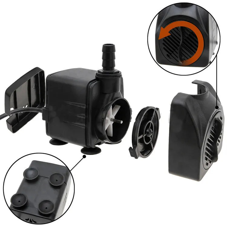 Black submersible aquarium pump for water circulation and rockery landscaping