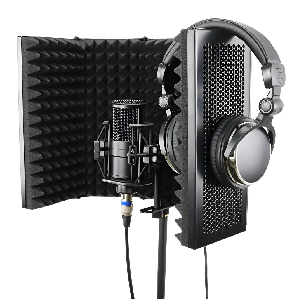 5-door black microphone enclosure with porous aluminium frame and high-density sponge panels on a recording desk