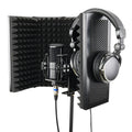 5-door black microphone enclosure with porous aluminium frame and high-density sponge panels on a recording desk