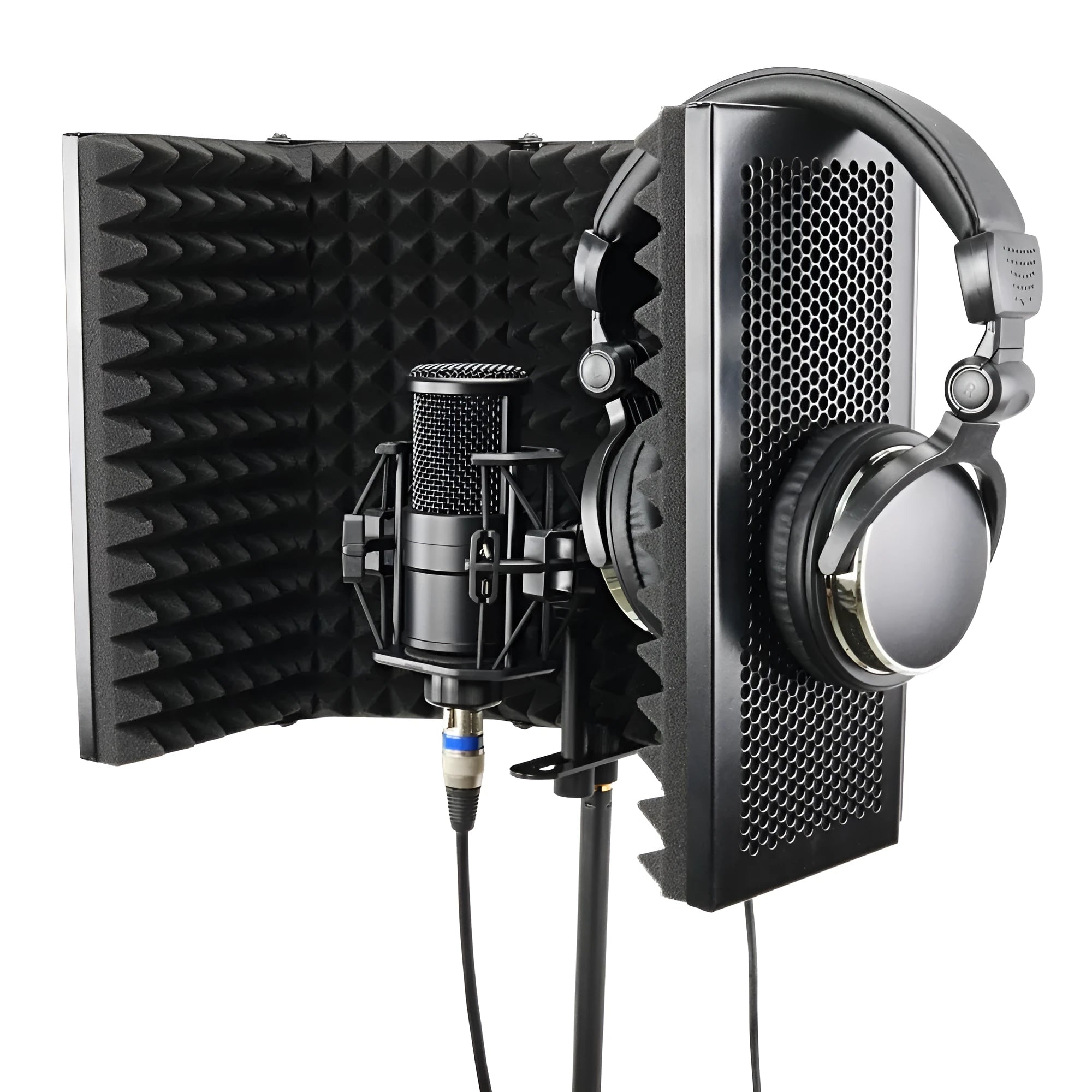 5-door black microphone enclosure with porous aluminium frame and high-density sponge panels on a recording desk
