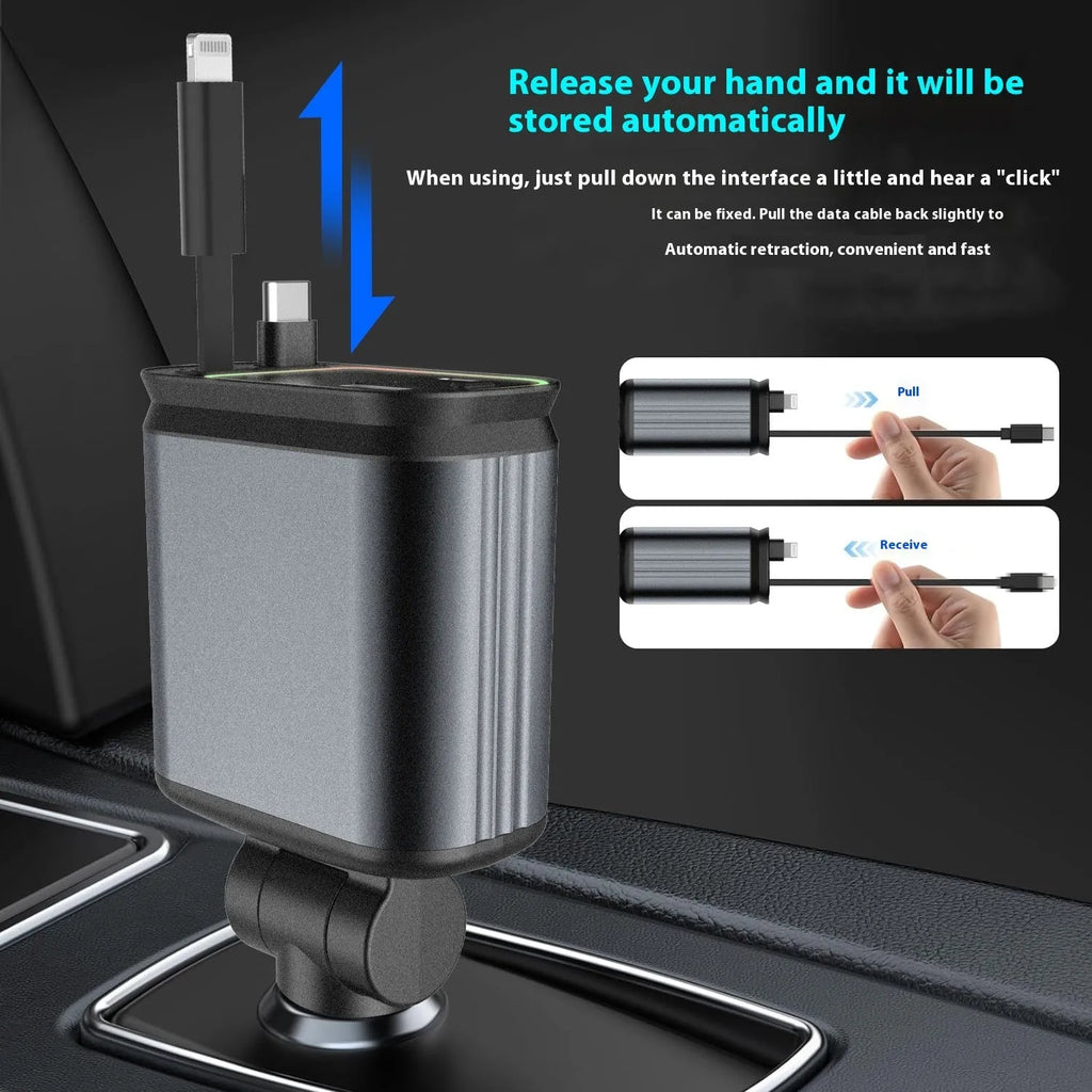 Four-in-one car charger with retractable 80cm cable, starry sky light, USB and Type-C outputs, Black Gray options