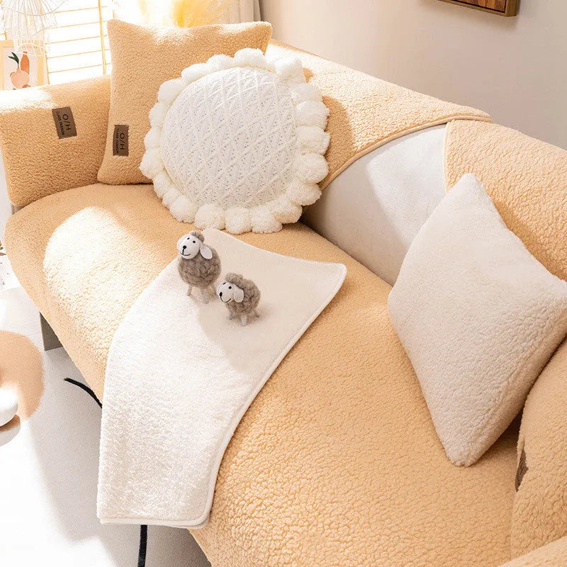 Fashion simple solid colour winter lambswool plush sofa cushion cover 90x210cm in beige