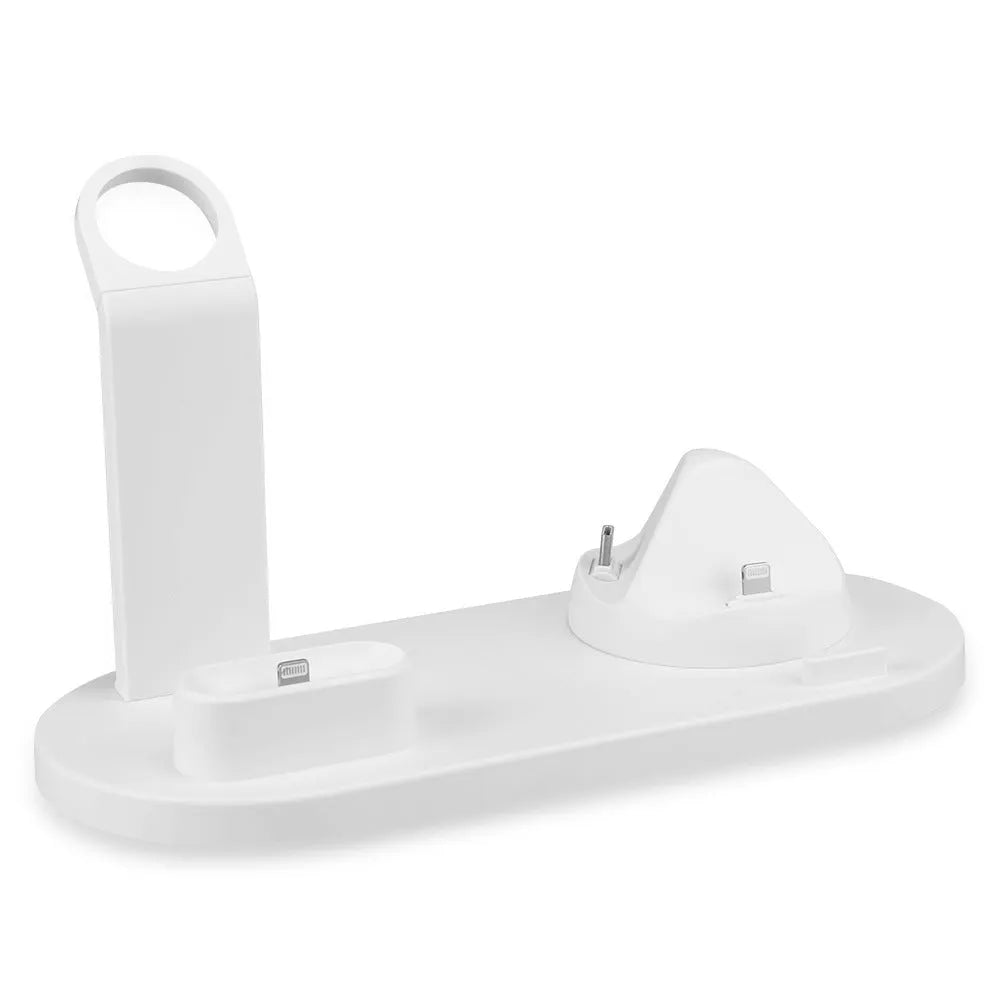 White three-port USB headphone charging stand holding wireless headphones and earbuds