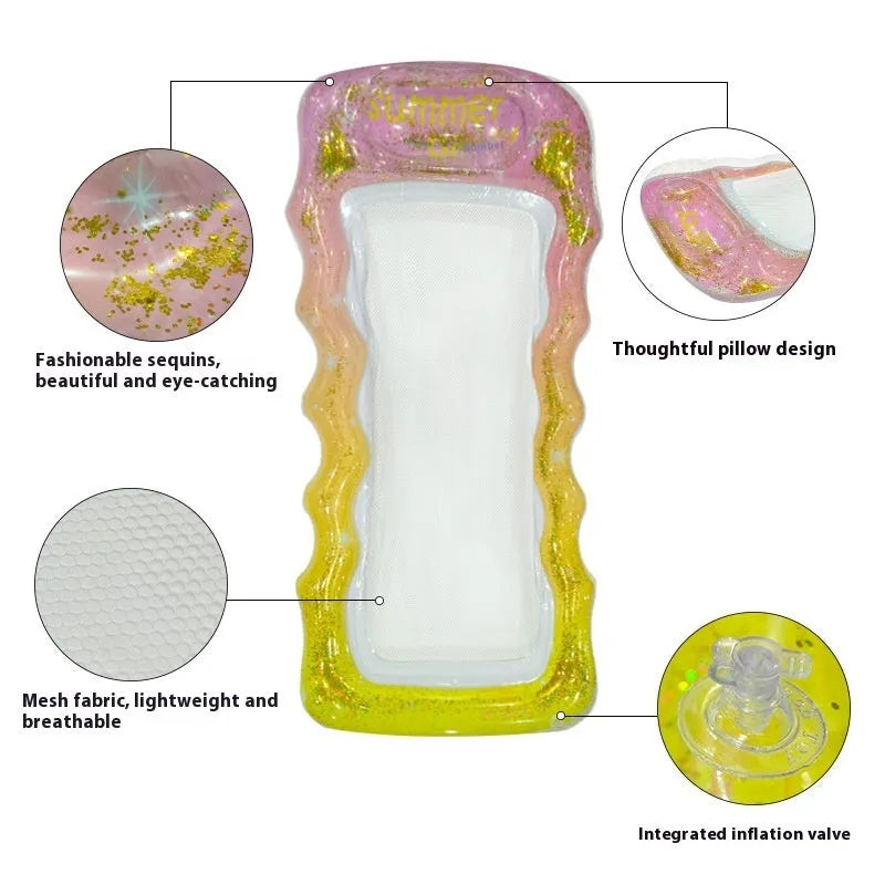 Inflatable floating row pool lounger in thick PVC showing gradient colour and sequinned design options.