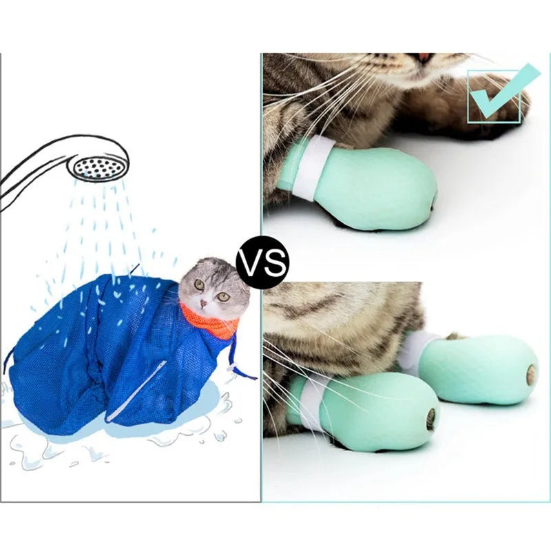 Green silicone cat foot covers with nylon buckle strap and leak hole design, set of 4 pieces on a white background