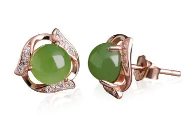 Round green jade earrings with 925 silver rose gold finish and jasper stone