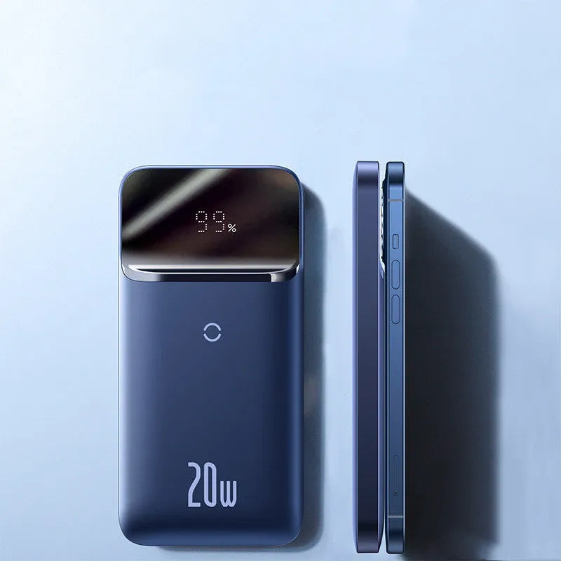 White MagSafe magnetic wireless power bank with LCD display showing battery percentage.
