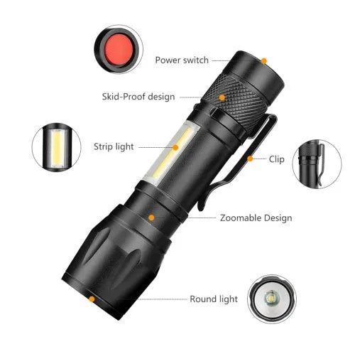 Black aluminium alloy telescopic LED flashlight with pocket clip showing extended and retracted positions