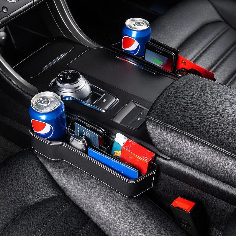 Black leather car seat gap storage box with cup holder and USB cable for car interior organisation