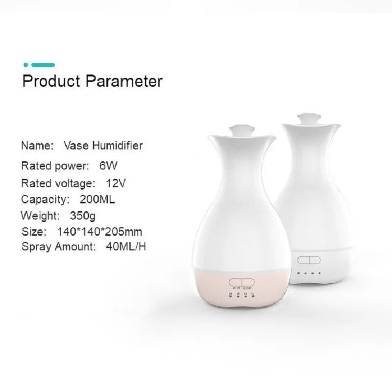 White ultrasonic humidifier with colourful night light functioning as aromatherapy diffuser and flower vase