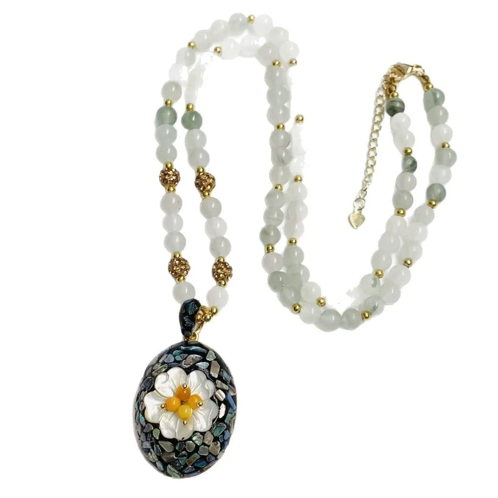 Mother-of-pearl shell necklace with rhinestone inlay, twist chain, 51-60cm, with earrings and bracelet set