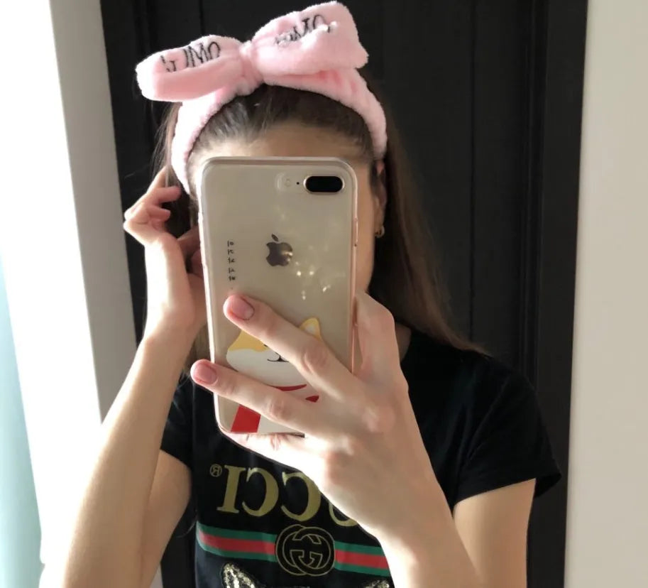 Coral velvet butterfly end hair band in pink with letter text styling