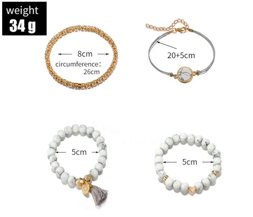 Geometric creative hollow fringed pine stone bracelet four-piece set in white alloy with electroplated finish