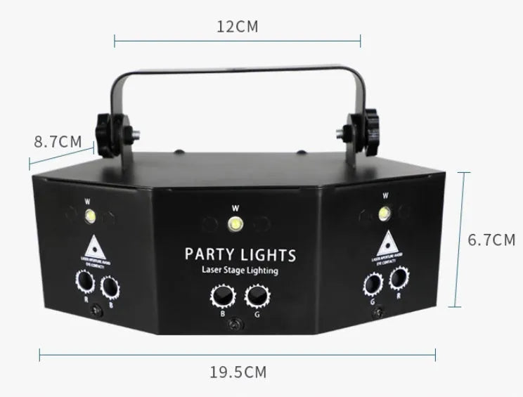 Nine eye laser strobe light unit with white light beads and red, green, blue laser projection.