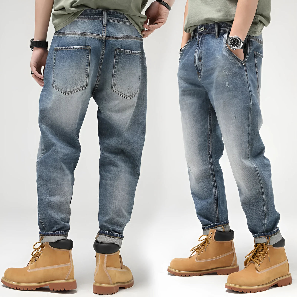 Men's retro straight-leg jeans in blue 100% cotton denim with mid-rise waist and zipper fly